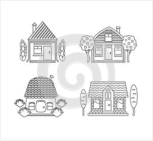 Vector illustration of a set of houses in black and white. Background, for coloring.